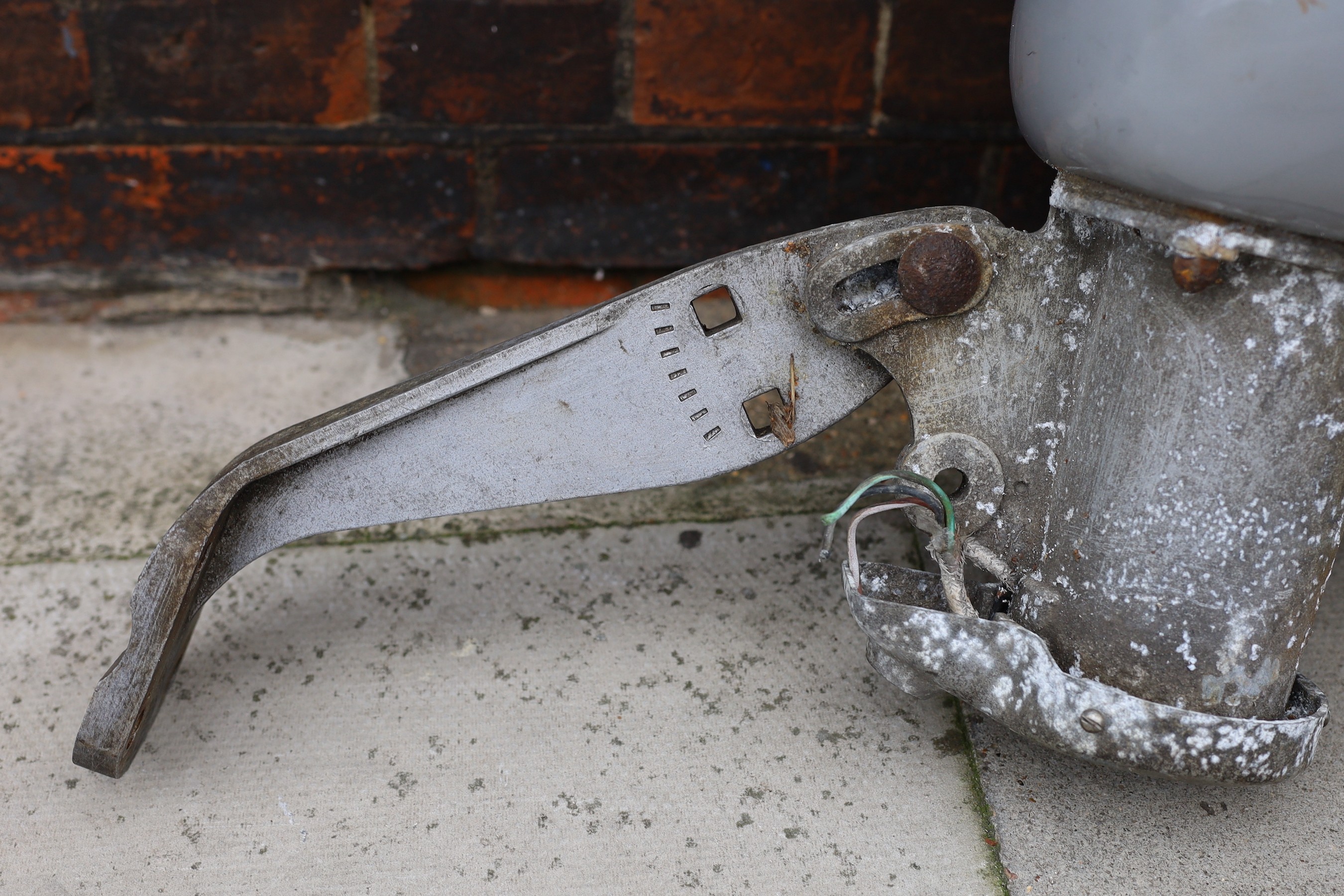 A 1930’s Benjamin grey enamelled metal and aluminium wall mounted street lamp, height 60cm. depth 60cm